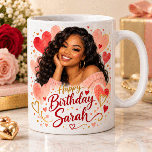 Personalised Birthday Photo Mug – Hearts & Wishes